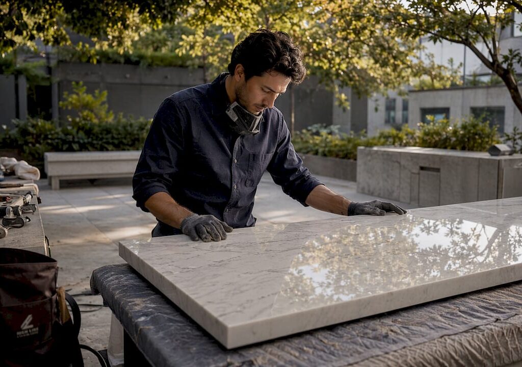 Fabricator examining Caesarstone quartz slab closely