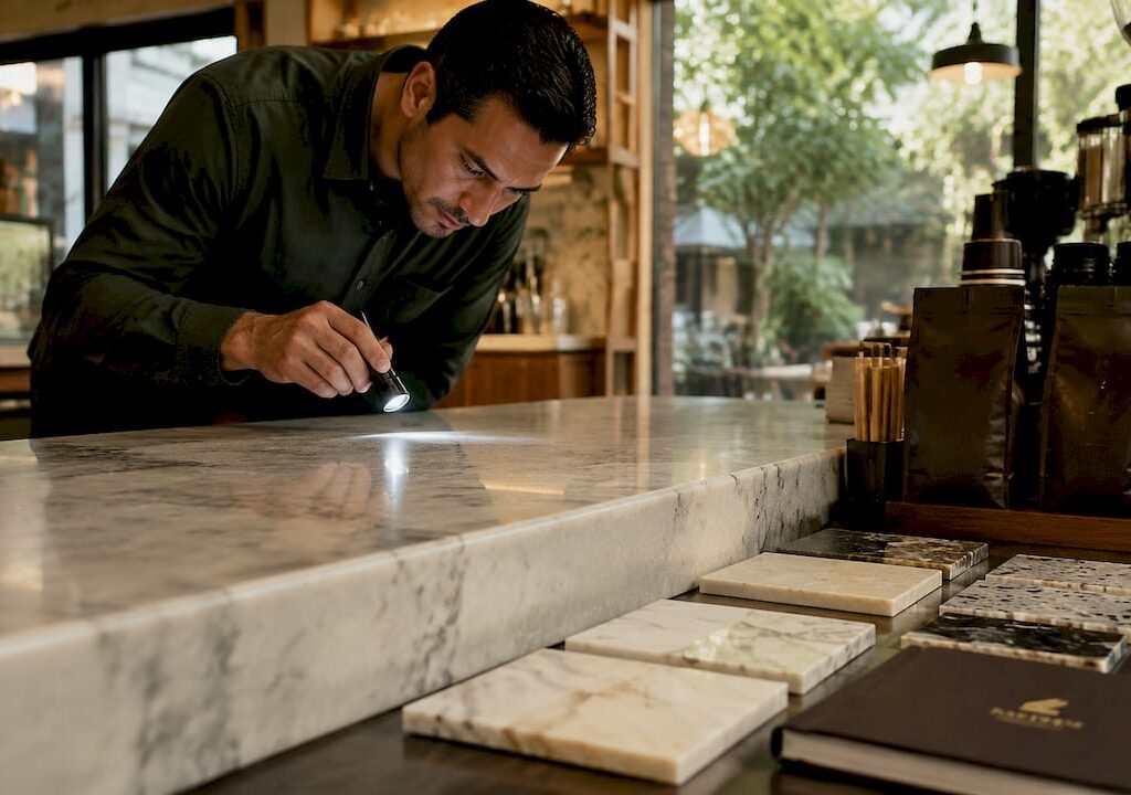 Technician inspecting stone surface for protection