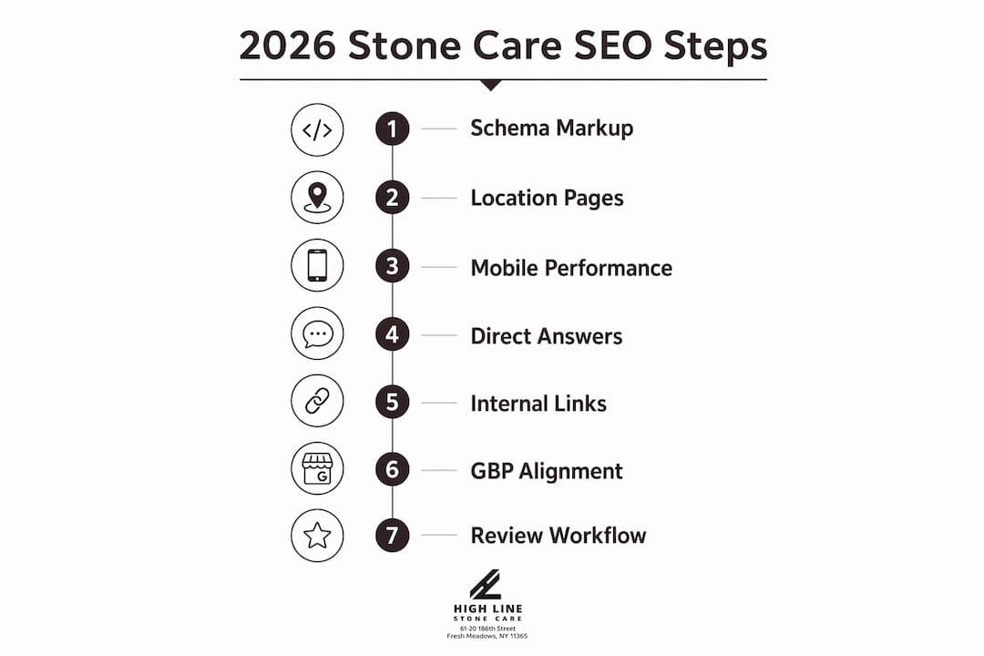Infographic showing key 2026 stone care SEO steps in order