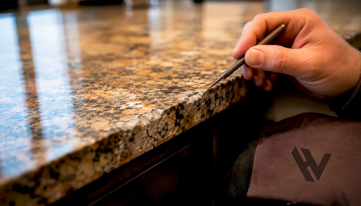 Close-up granite countertop showing chips and cracks