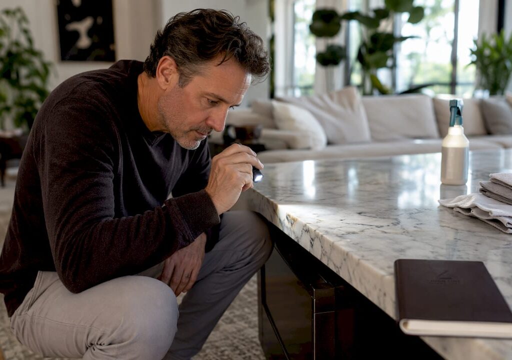Homeowner inspecting chip on marble countertop