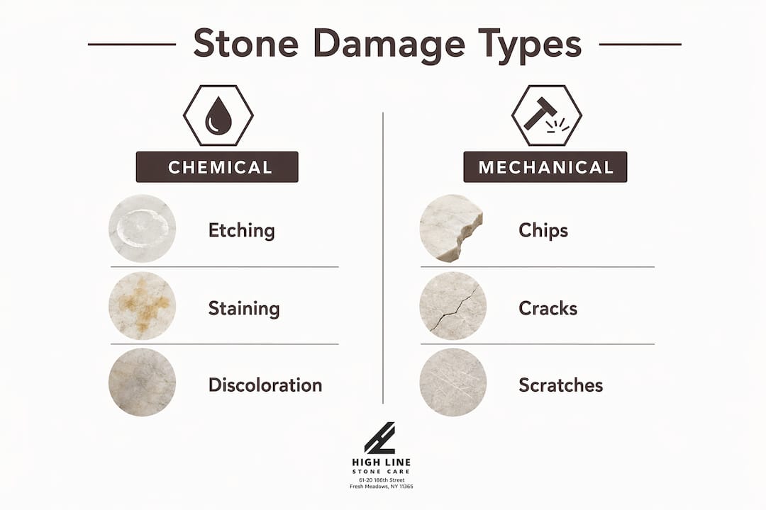 Infographic illustrating chemical vs mechanical stone damage