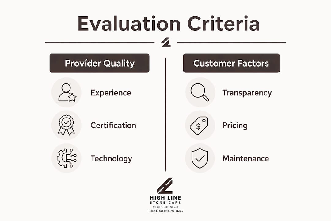 Infographic comparing stone care provider evaluation criteria