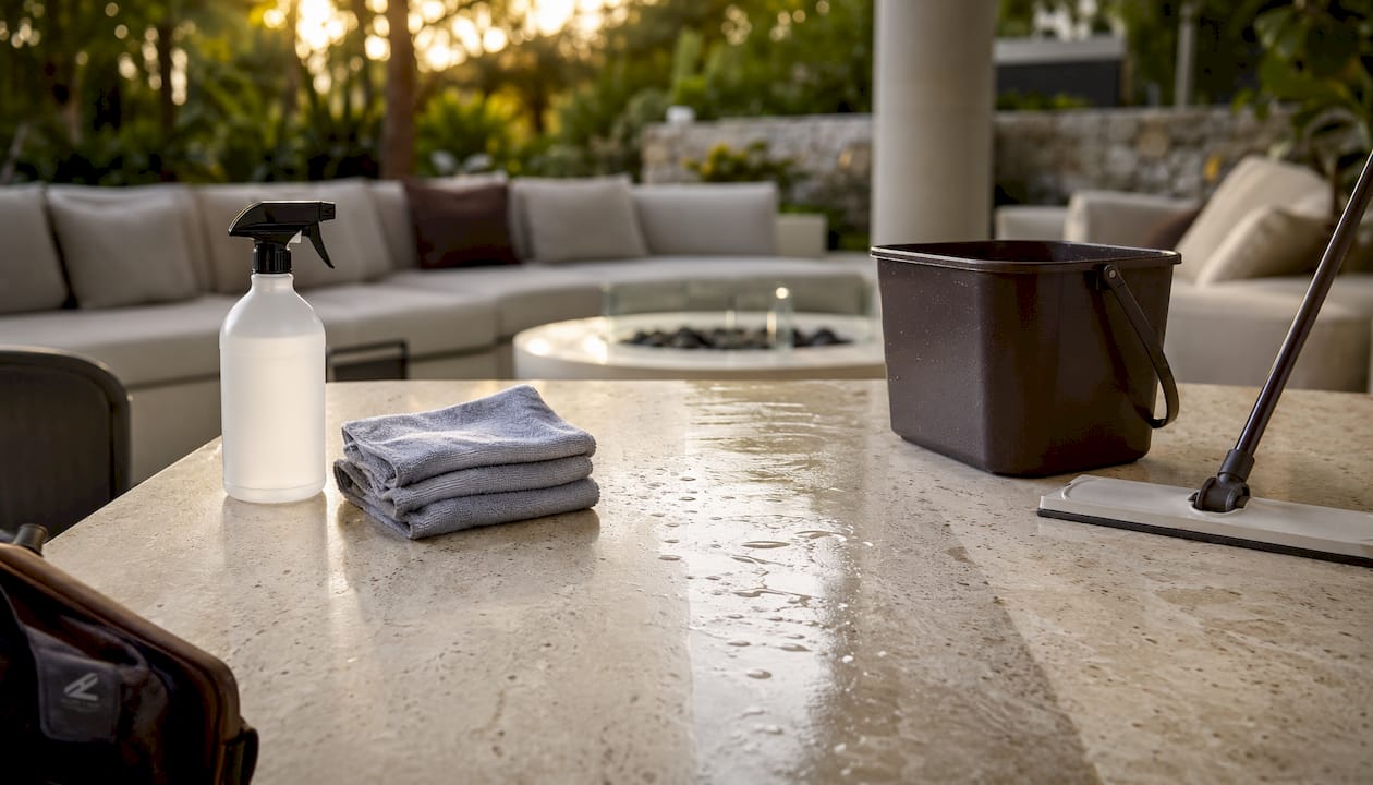 Stone cleaning supplies on kitchen countertop