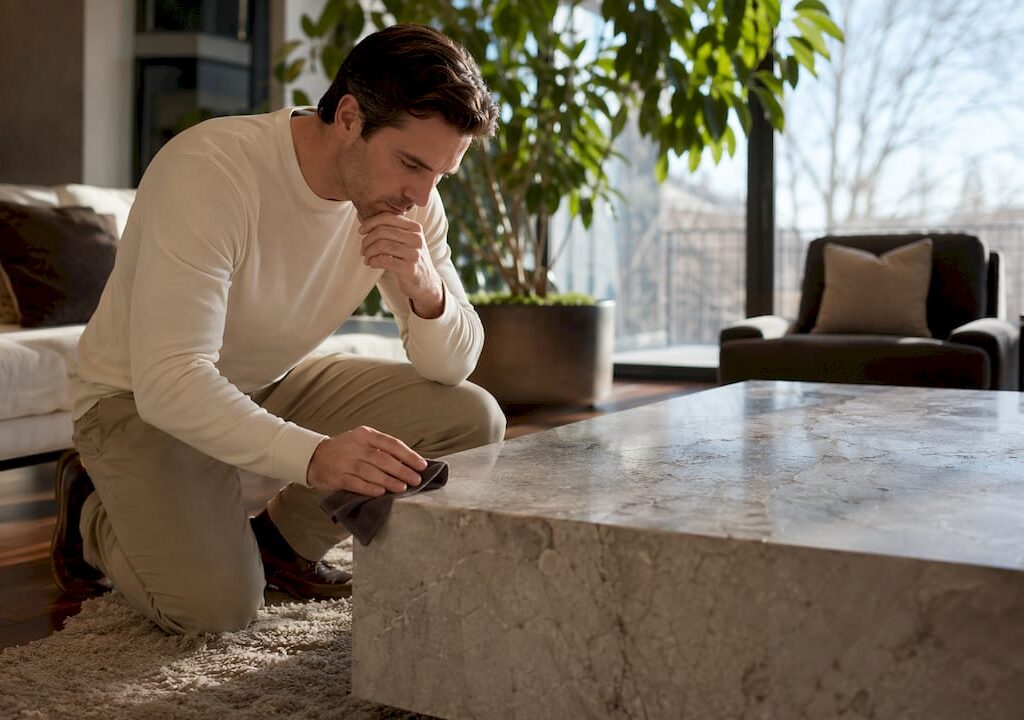 Homeowner inspecting dull stone countertop