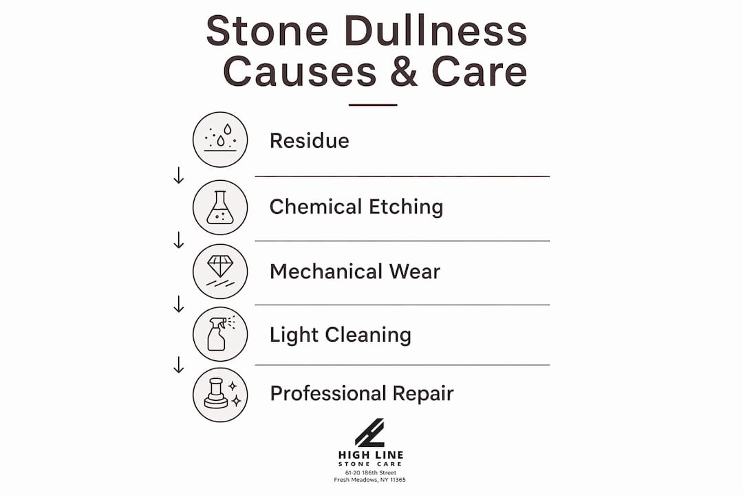 Infographic showing stone dullness causes and care steps