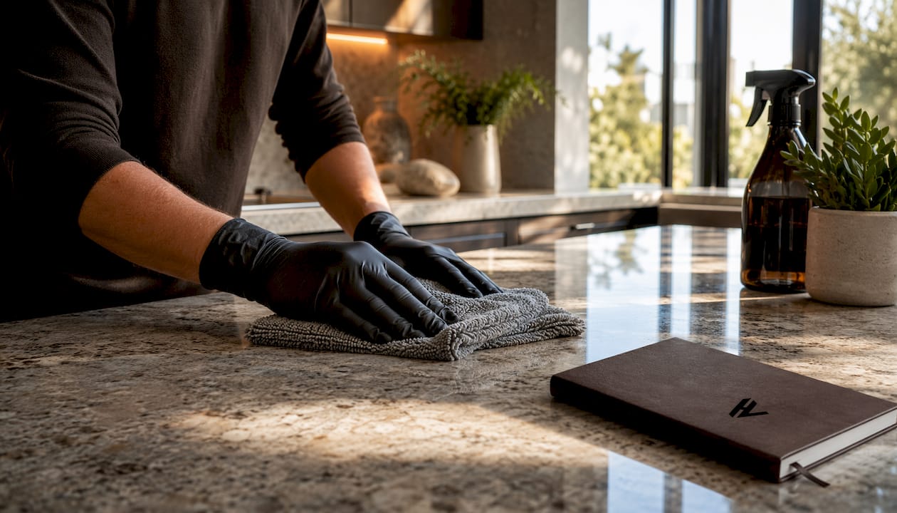 Hands cleaning polished granite countertop