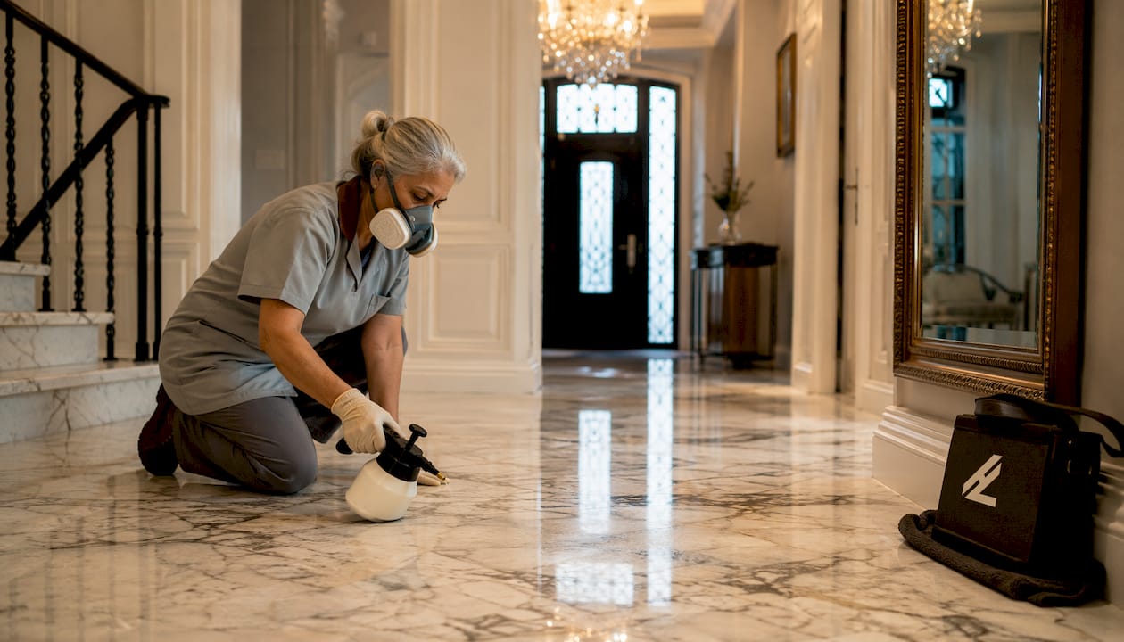Technician applying sealer on marble hotel floor