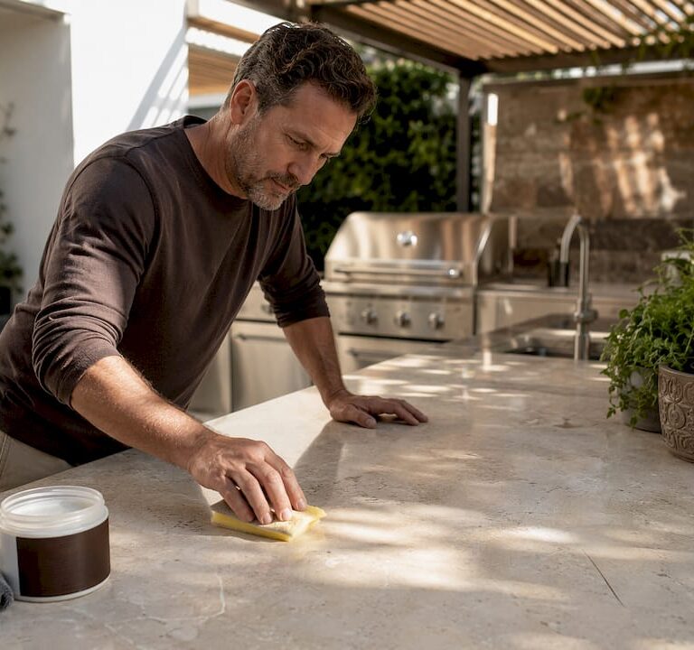 Man sealing granite countertop in home kitchen