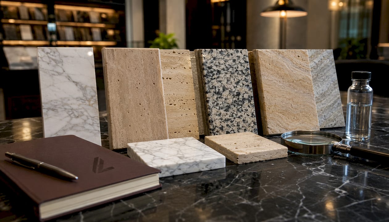 Close-up of varied natural stone samples on table