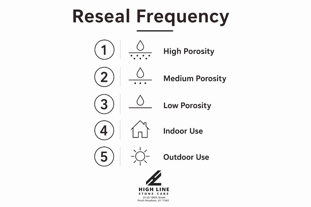 Infographic showing reseal frequency guidelines for stone porosity and use