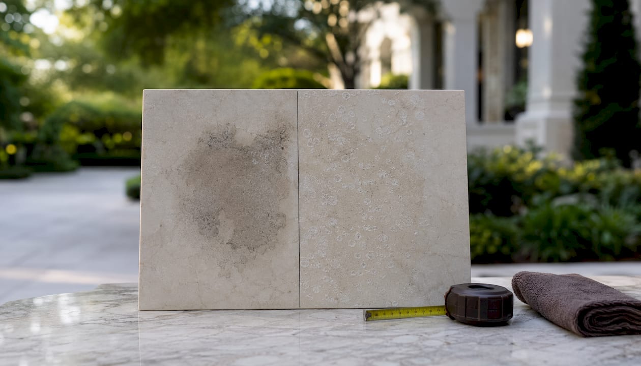 Stone surface staining versus etching comparison sample