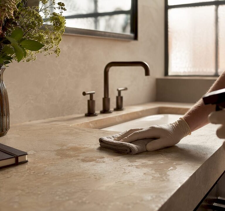 Limestone countertop showing etching with hand dabbing with cloth