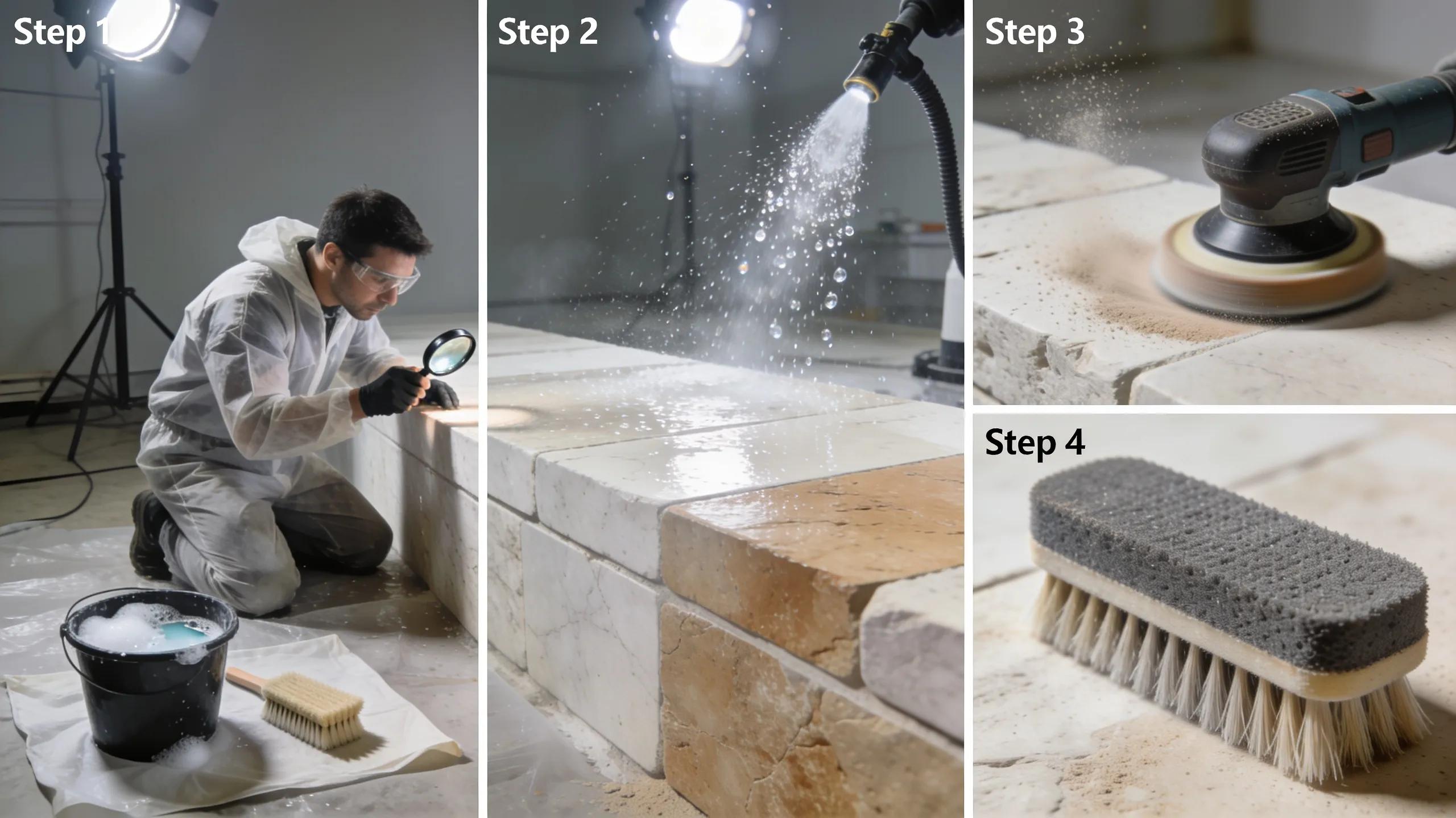 Technician assessing limestone with diamond abrasives to enhance durability and appearance