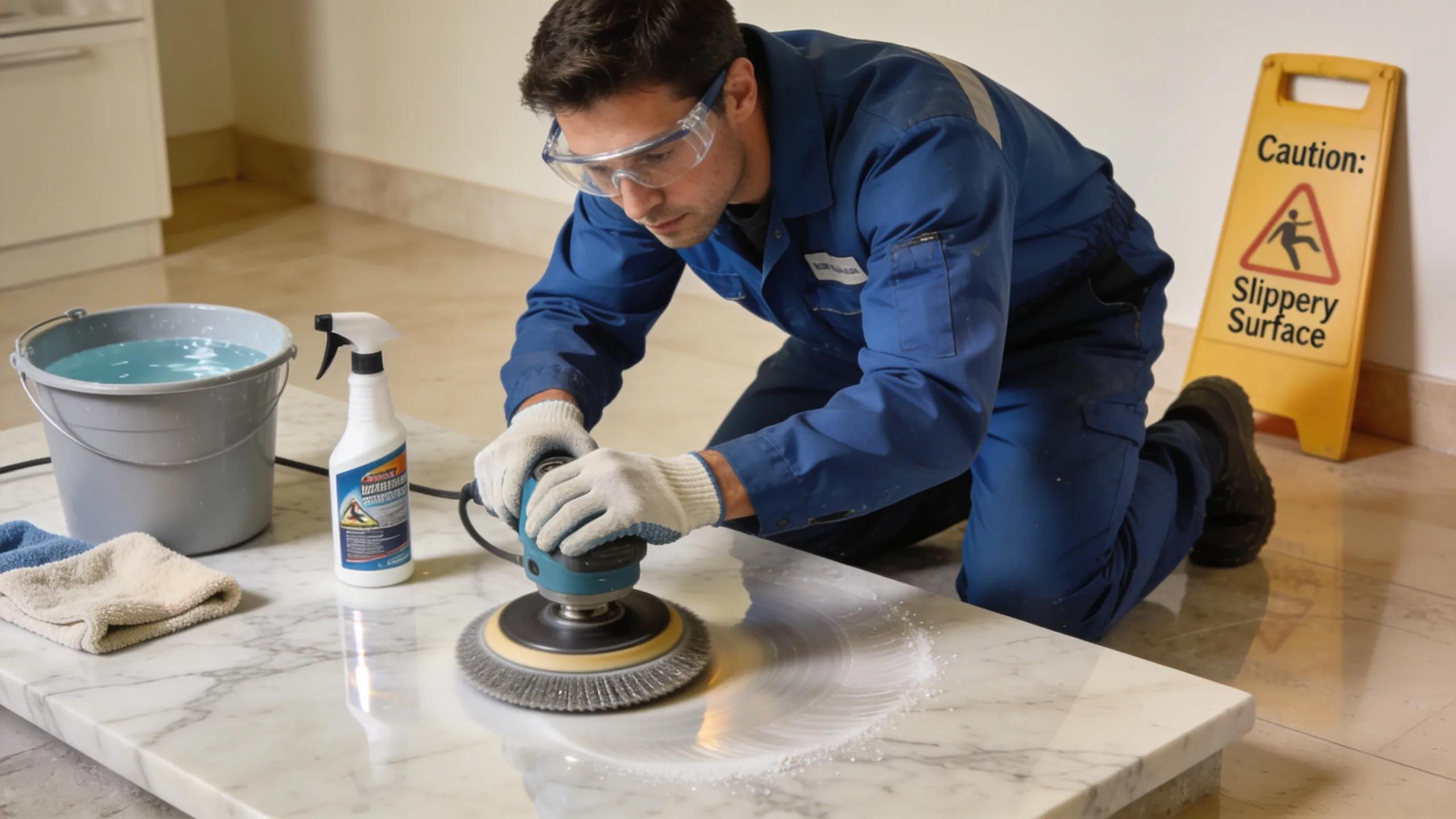 Stone care technician polishing marble surface with professional tools