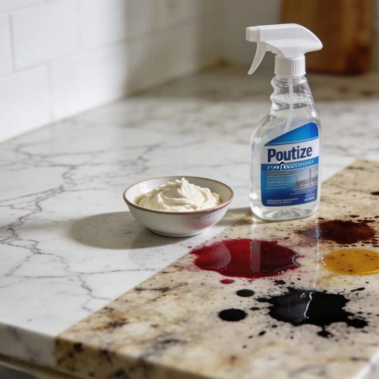 Granite countertop showing cleaning process with cleaning tools and stains for stain removal