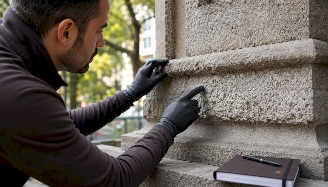 Hands inspecting stone building facade