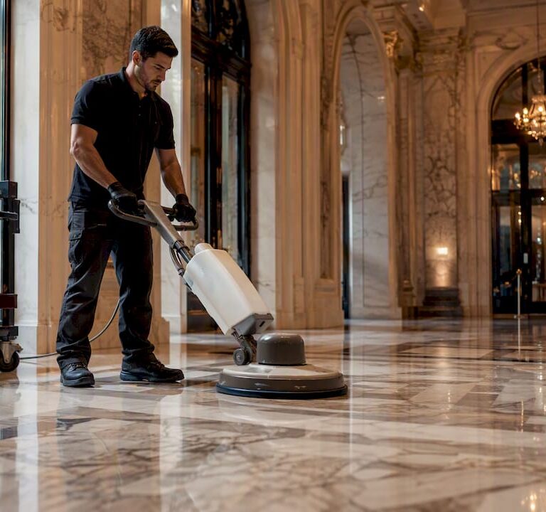 Professional polishing marble floor in NYC lobby