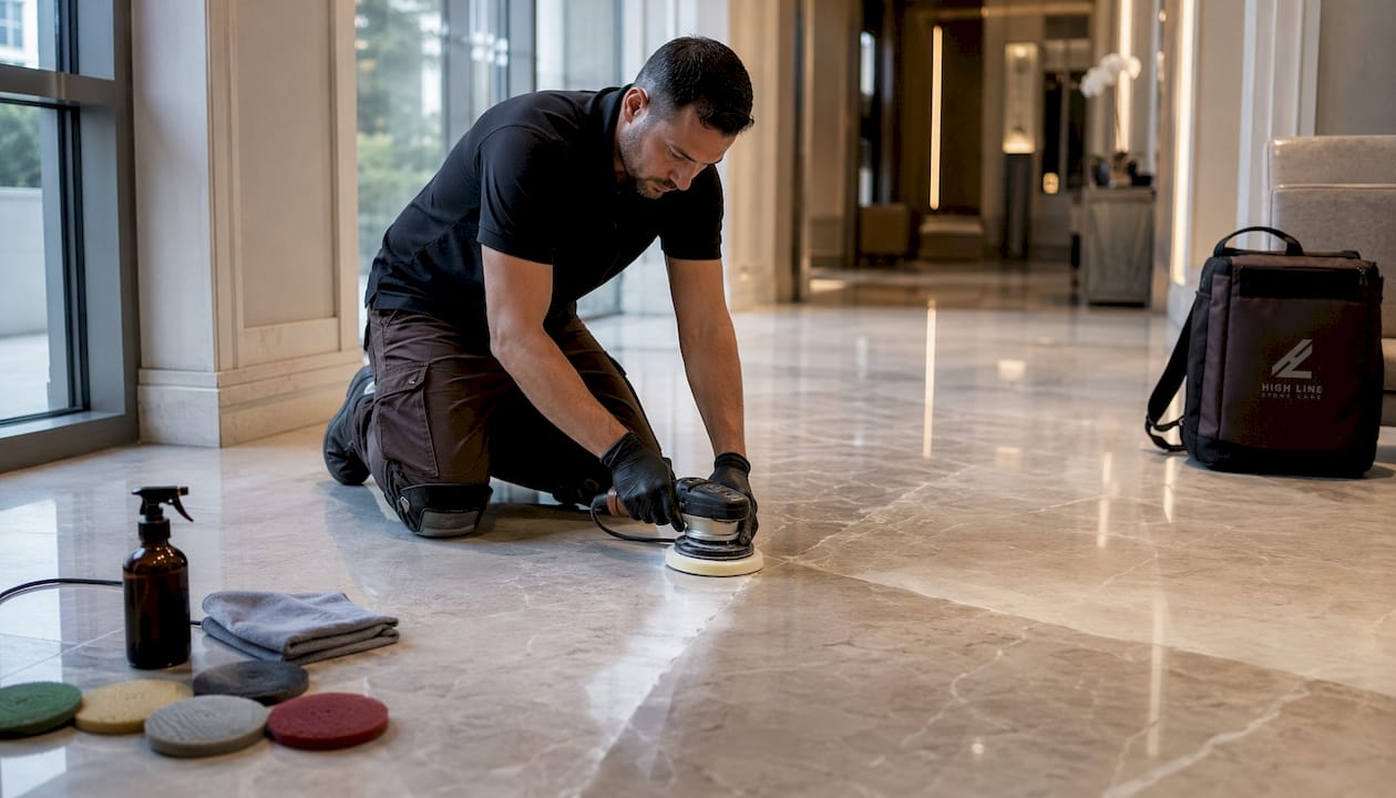 Hands polishing marble floor with grit pads