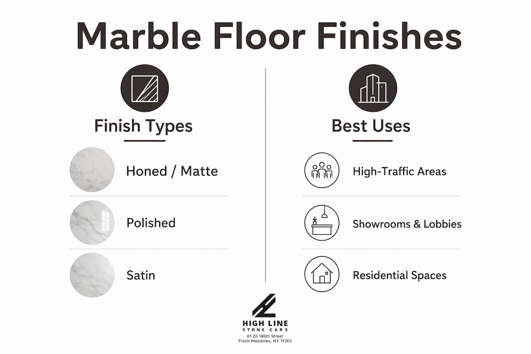 Infographic comparing marble floor finishes and uses