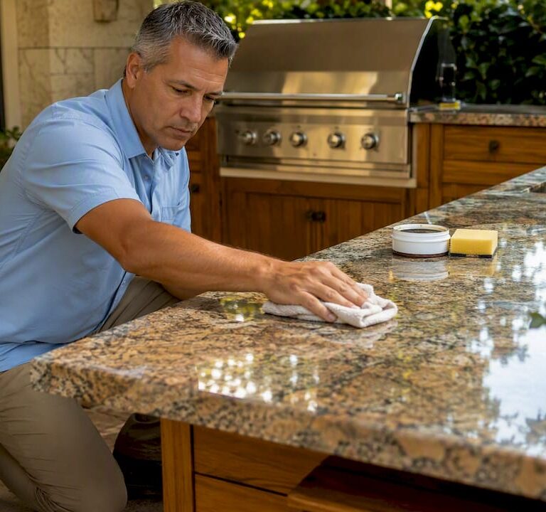 Person applying sealer to granite countertop
