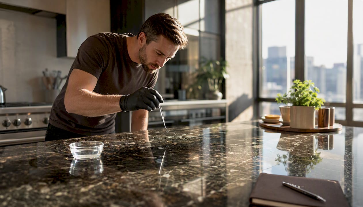 Close-up of hand performing water drop test on granite