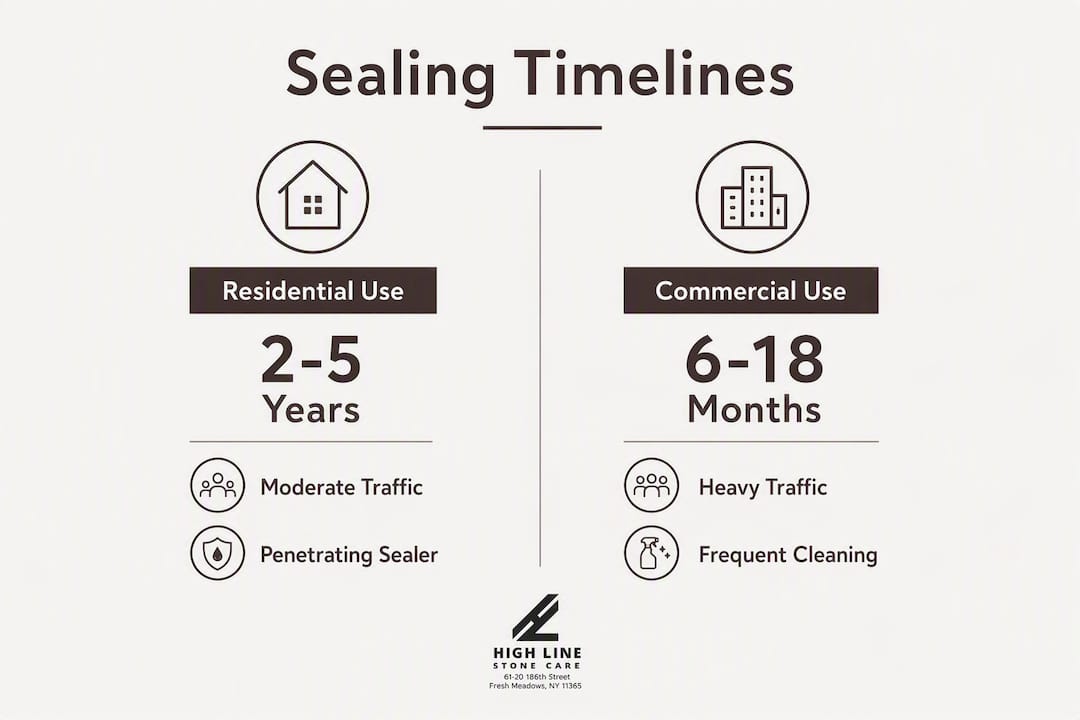 Infographic comparing residential and commercial granite sealing timelines