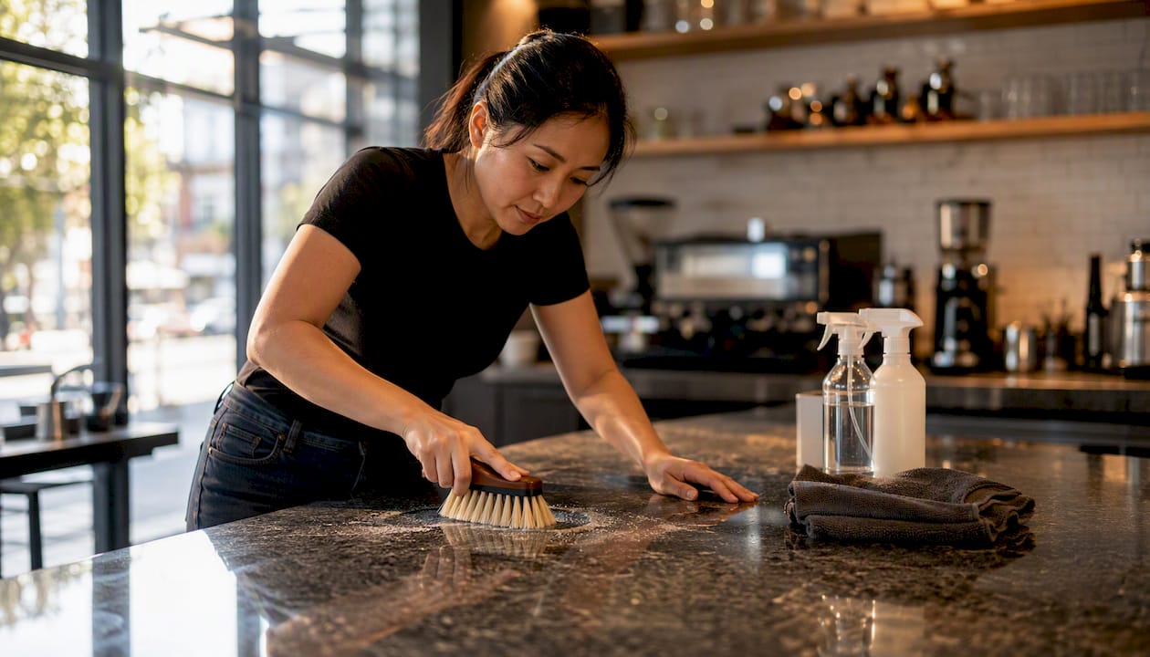 Technician cleaning granite kitchen countertop