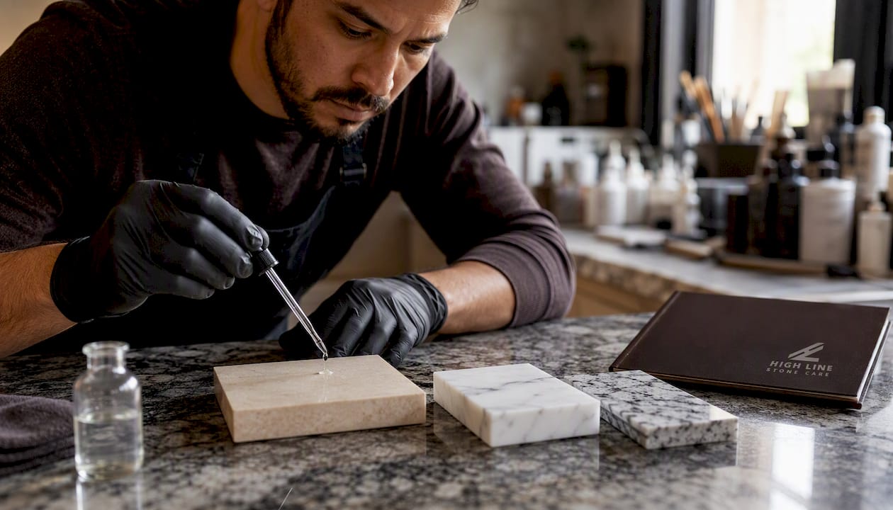 Hands testing natural stone types with liquid