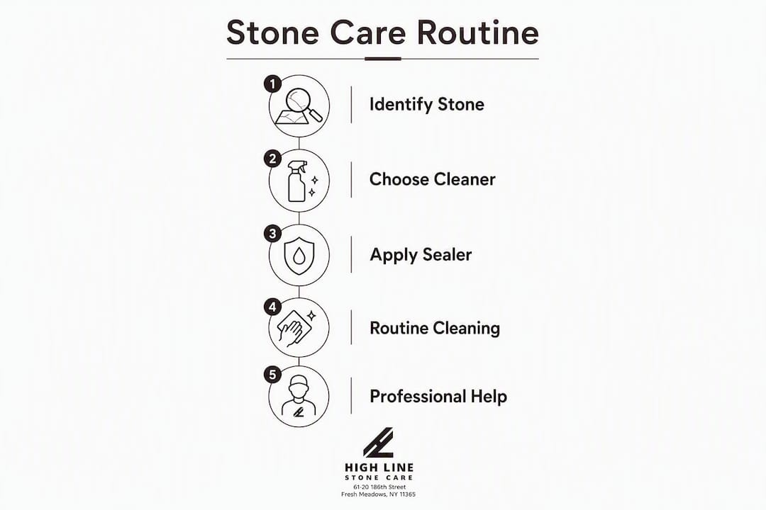 Infographic illustrating steps for natural stone care routine