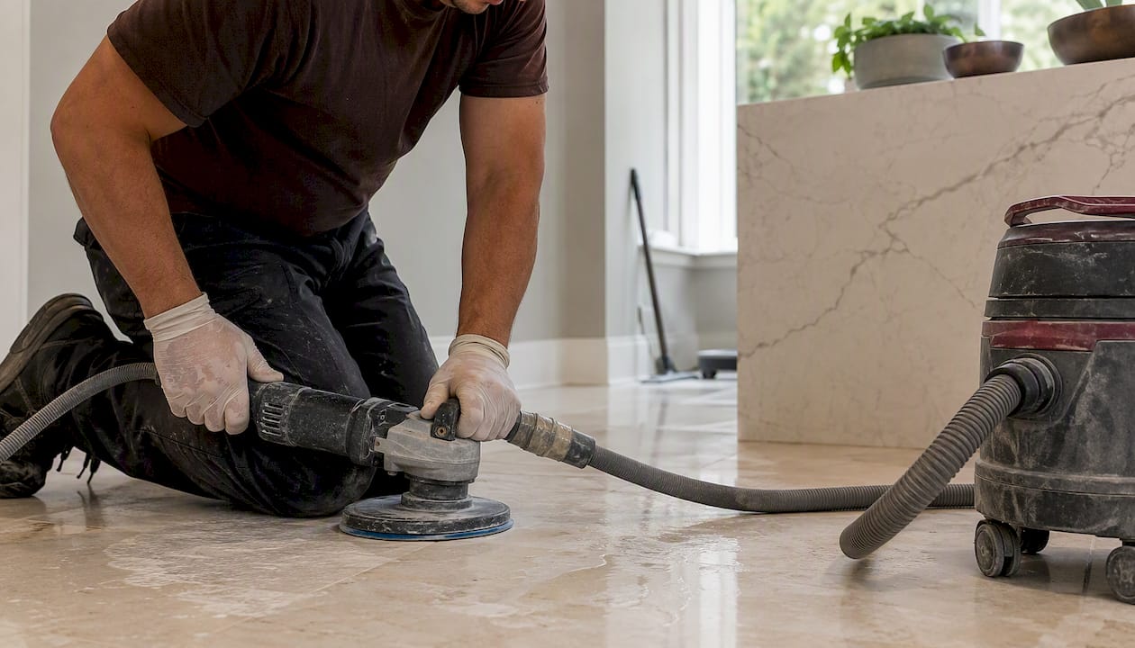 Hands wet grinding limestone floor with dust extraction