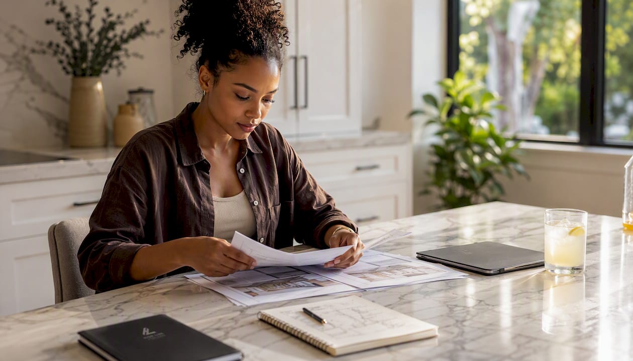 Woman reviewing contractor estimates at home desk