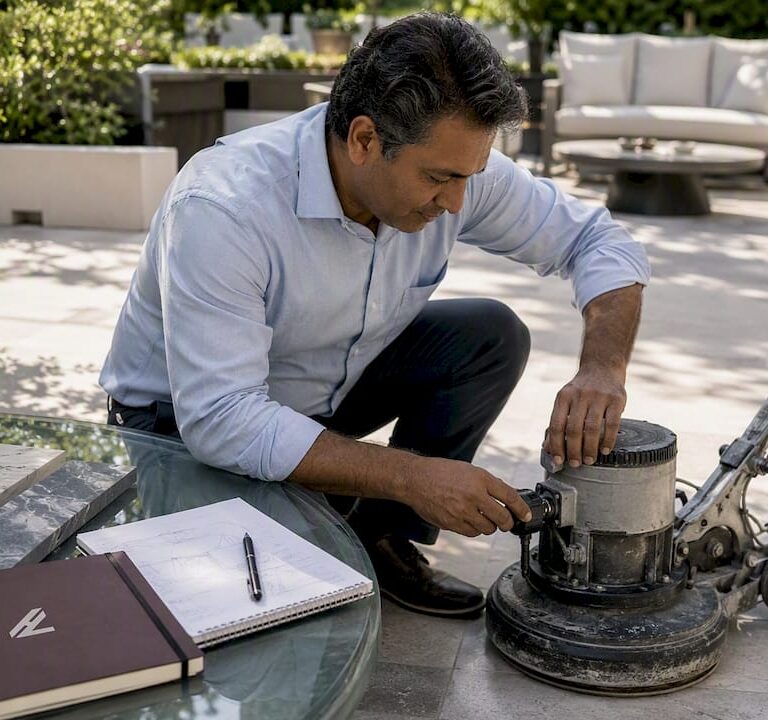 Technician examining stone polishing equipment in NYC lobby