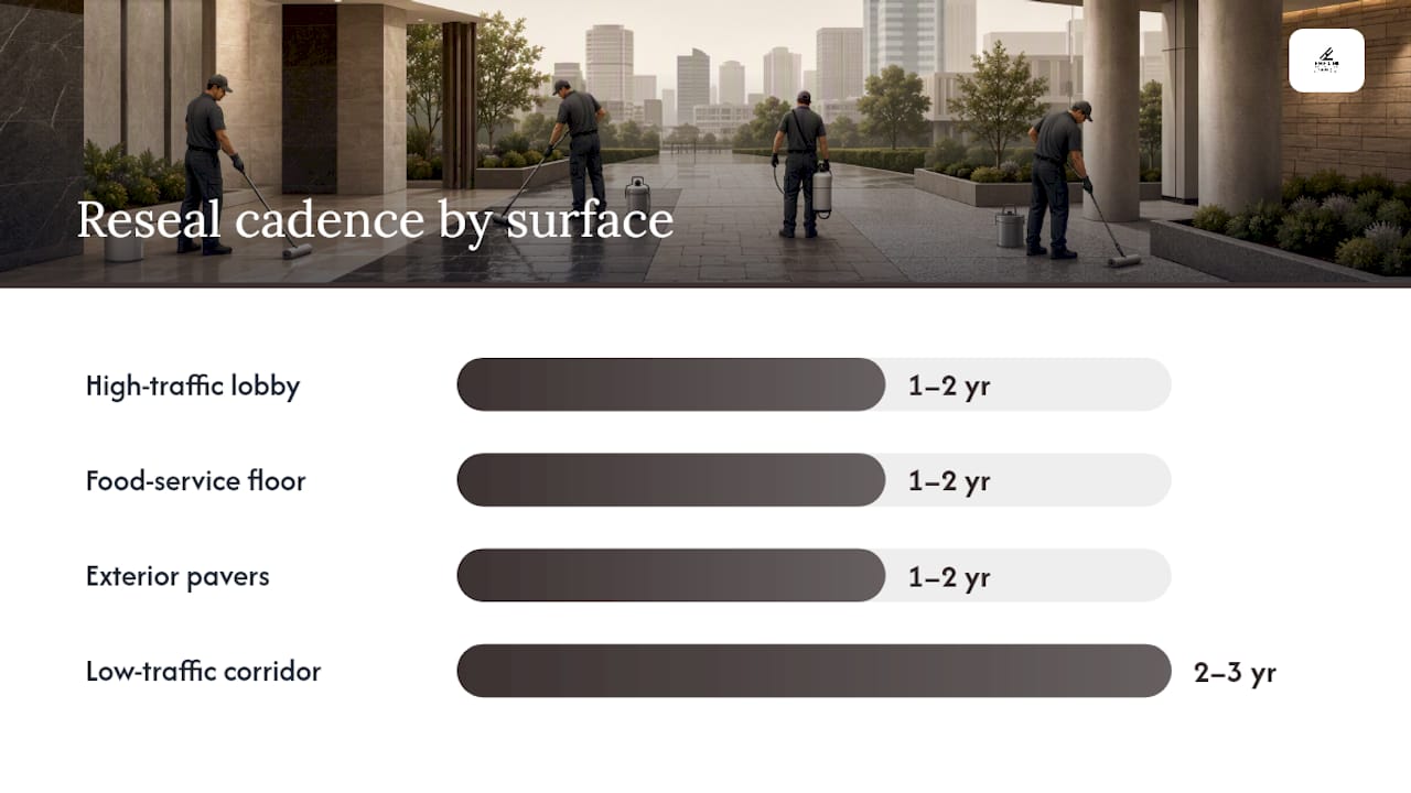 Diagram comparing reseal frequency for various commercial stone surfaces
