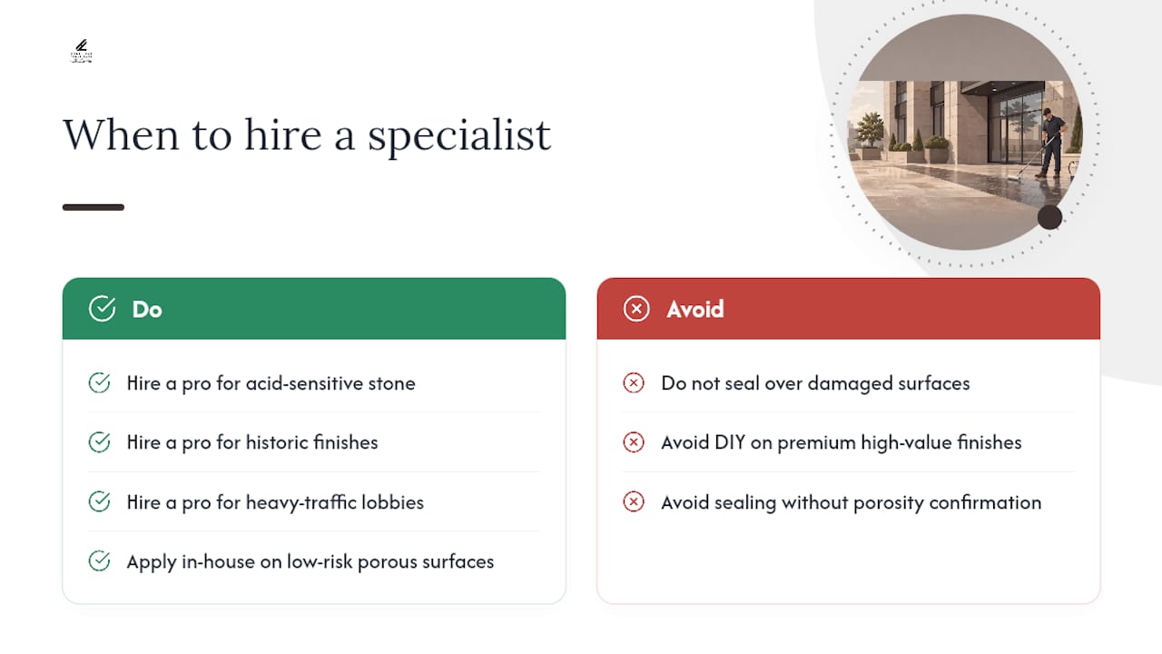 When should you hire a stone restoration specialist instead of applying in-house? — overview diagram
