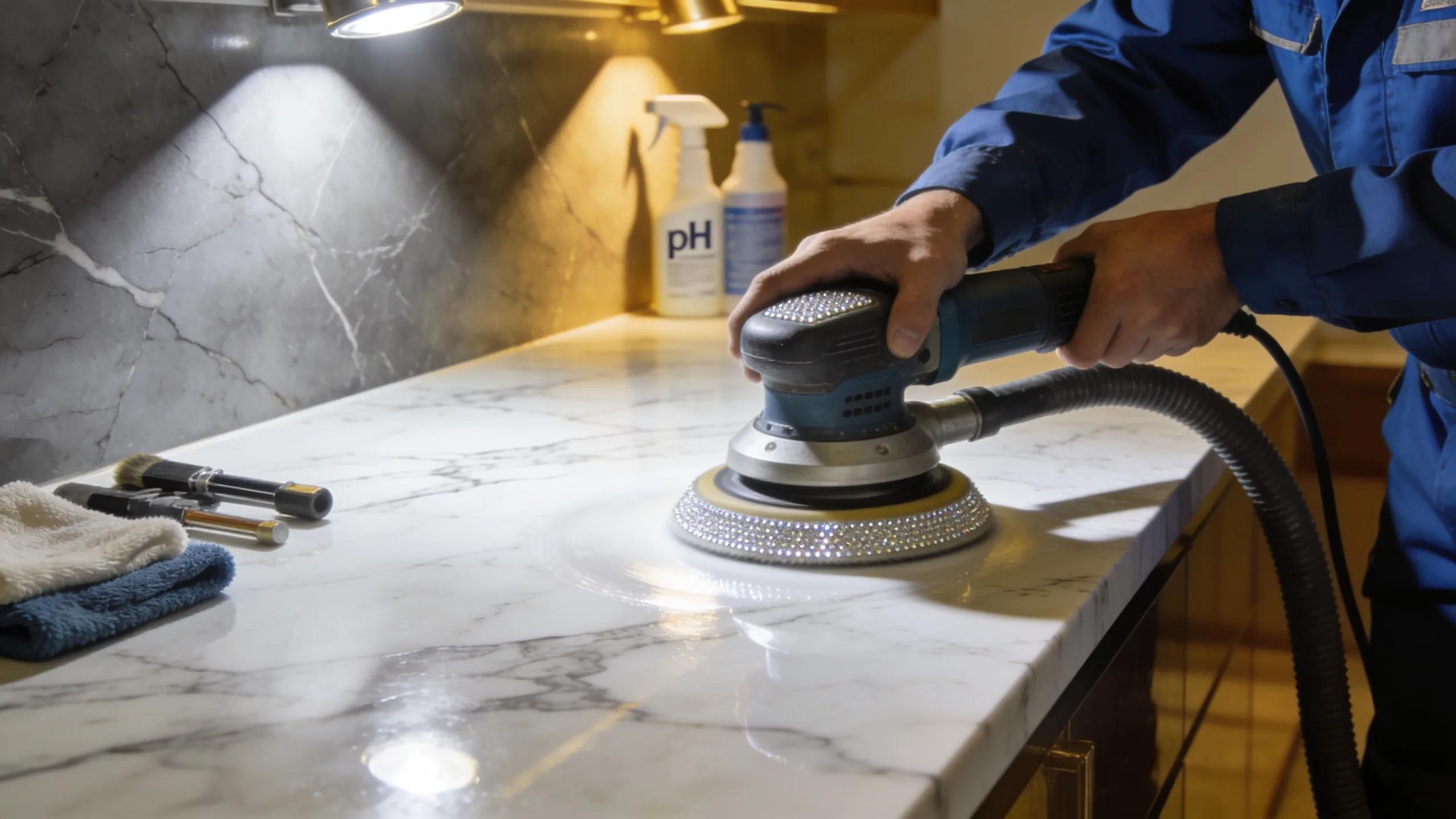 Technician polishing marble surface using specialized pads to achieve a high-gloss finish