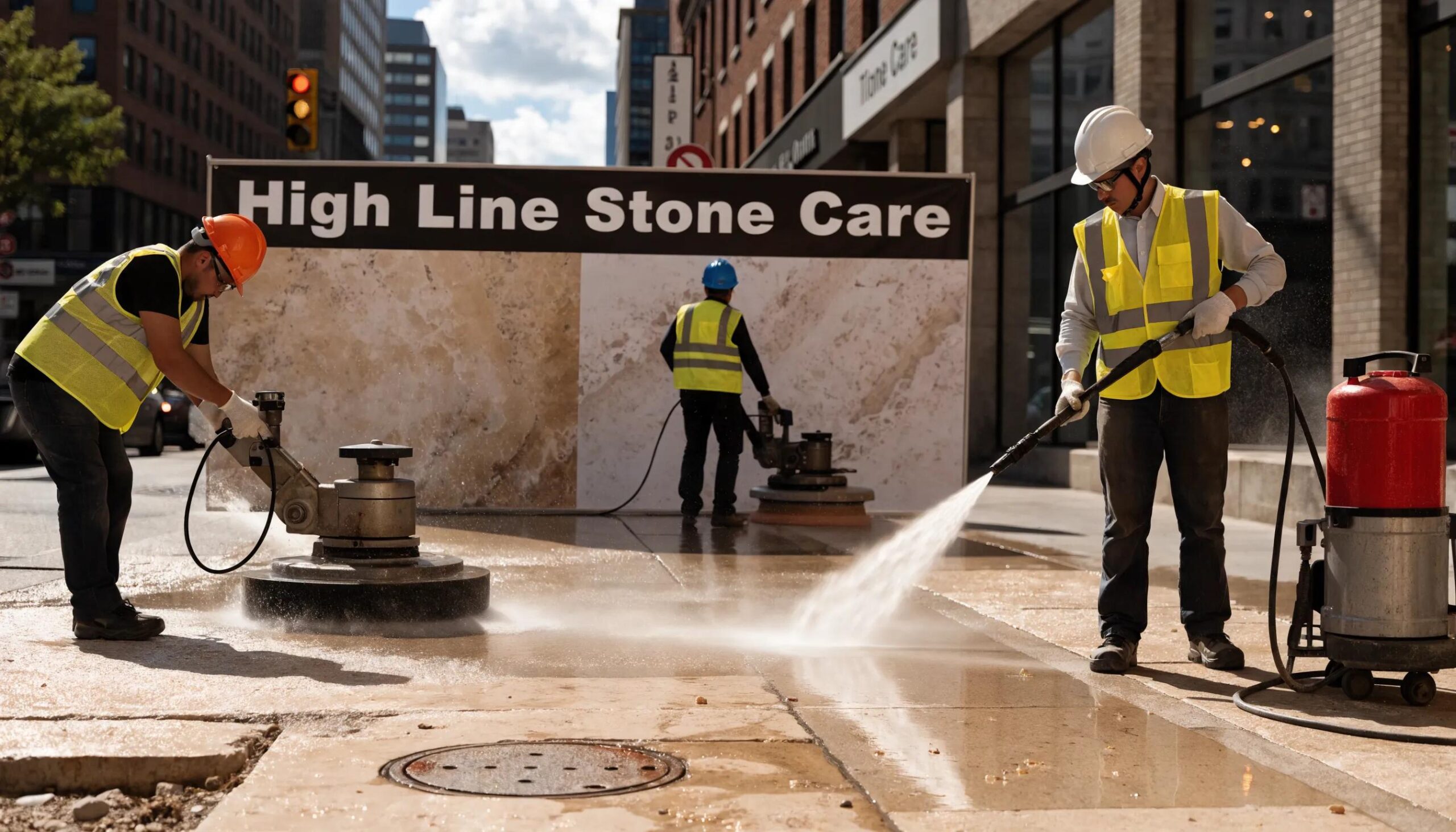 Professional stone restoration services including honing and polishing with before-and-after travertine comparison