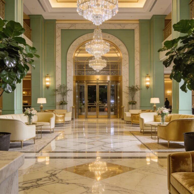 Gleaming marble floor in a luxurious hotel lobby with elegant decor