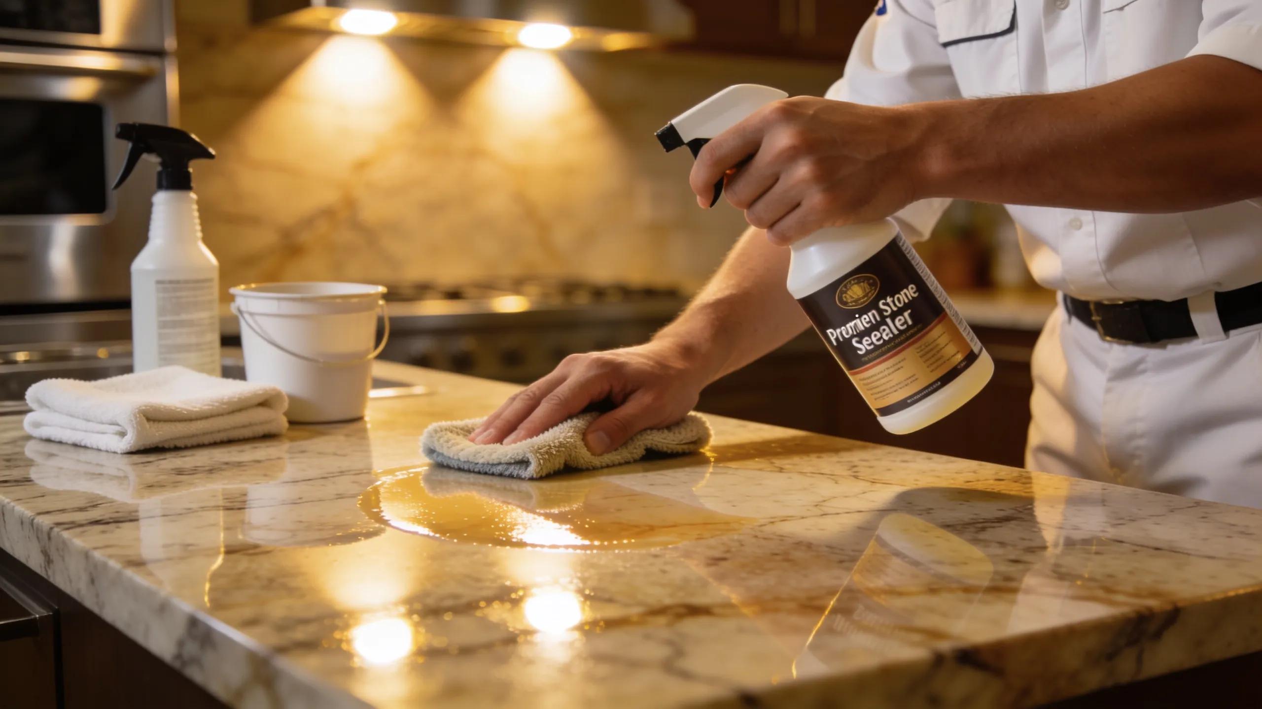 Application of Opal Premium Stone Sealer on quartzite countertop highlighting sealing process