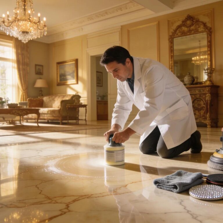 Luxury marble restoration scene featuring a professional polishing marble in an upscale home