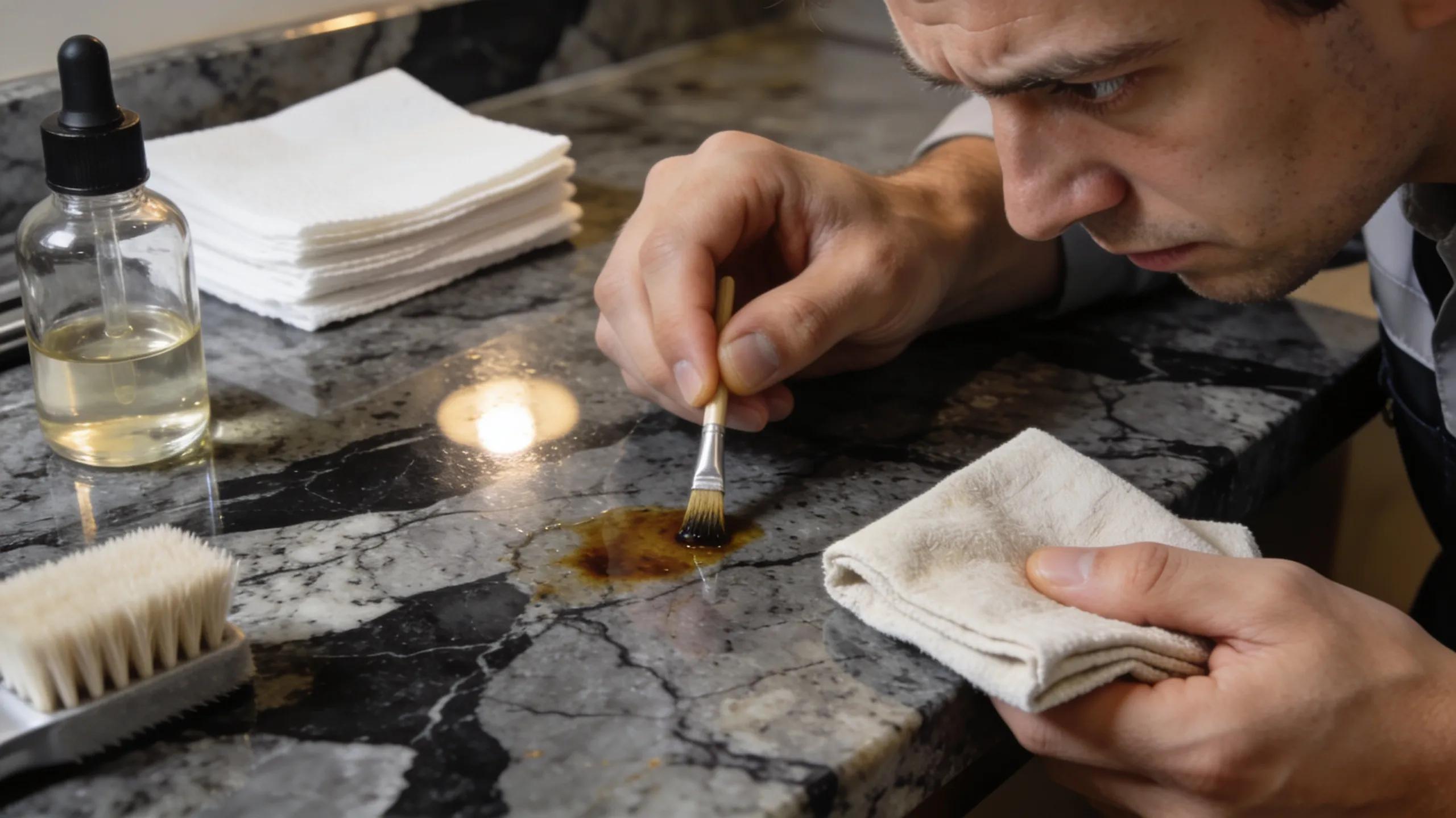 Professional performing oil extraction on granite to remove deep stains with focused technique
