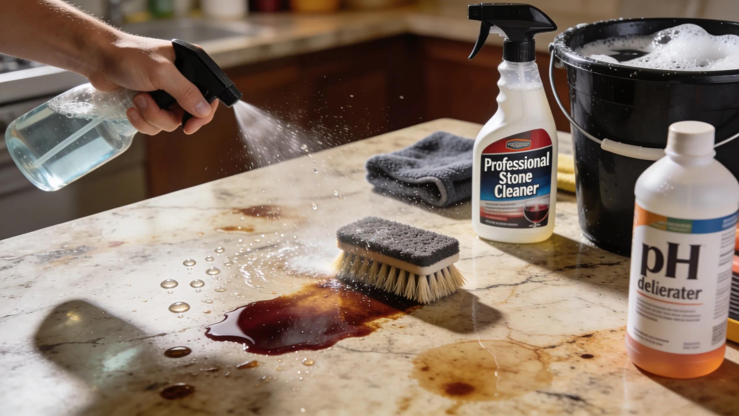 Professional stain removal process being applied on a stained natural stone countertop