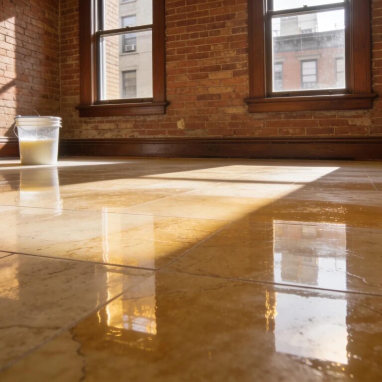 Professional travertine restoration process in a Brooklyn brownstone with polished floors