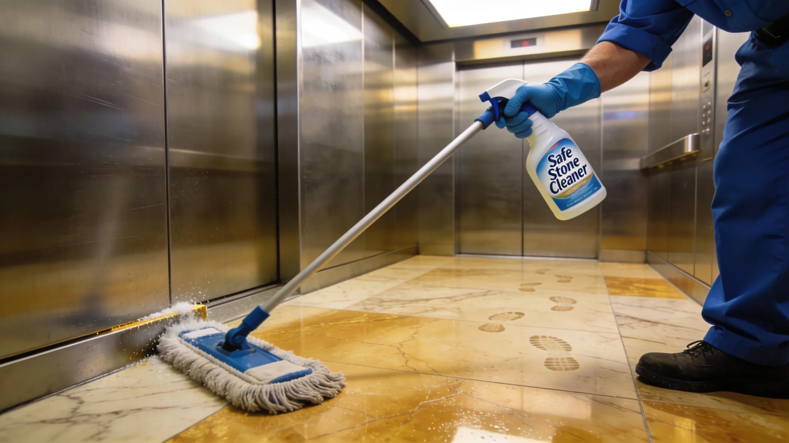 Professional cleaning elevator floor with polished marble surface