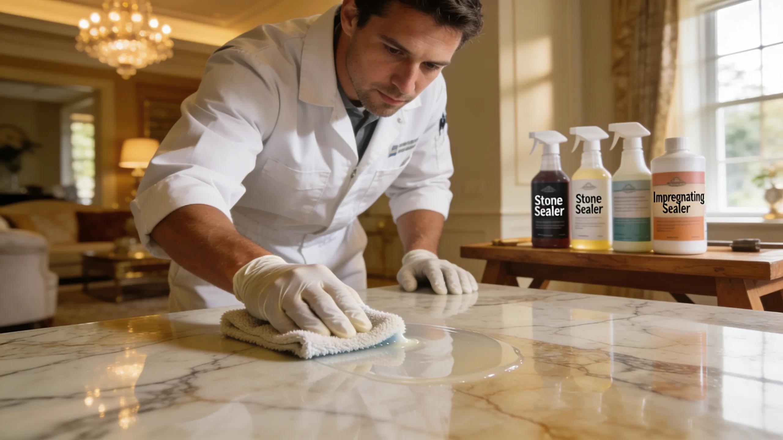 Professional applying stone sealant on luxury marble surface demonstrating effective restoration