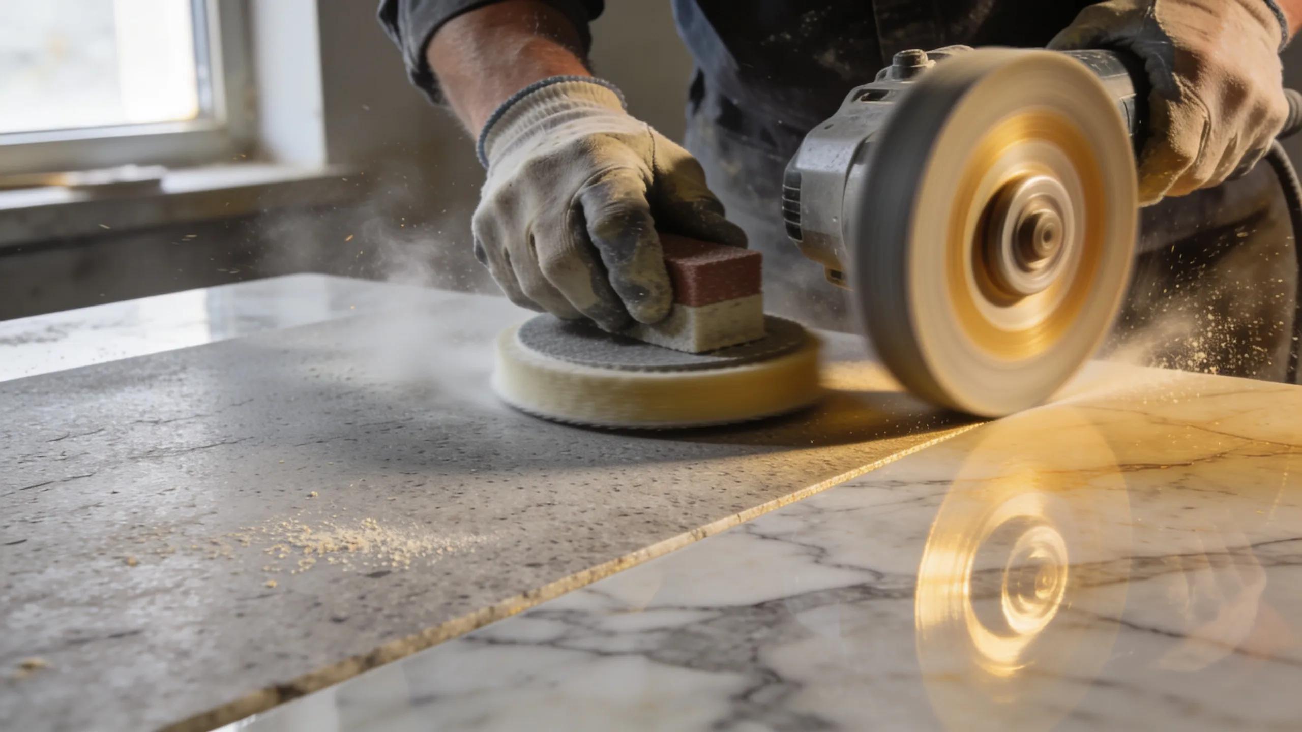 Detailed view of marble restoration techniques including honing and polishing for luxury surfaces