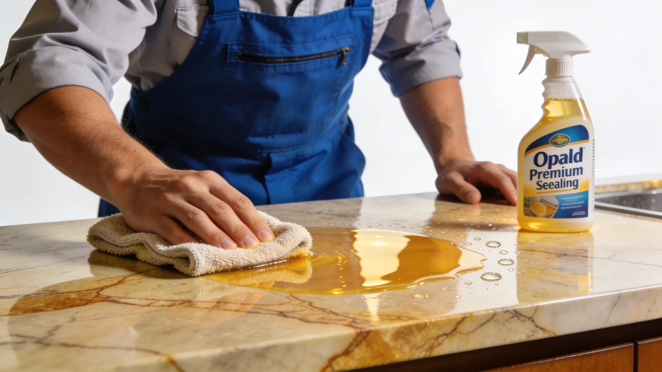 Technician applying Opal Premium Sealing to a stone countertop, showcasing sealing benefits