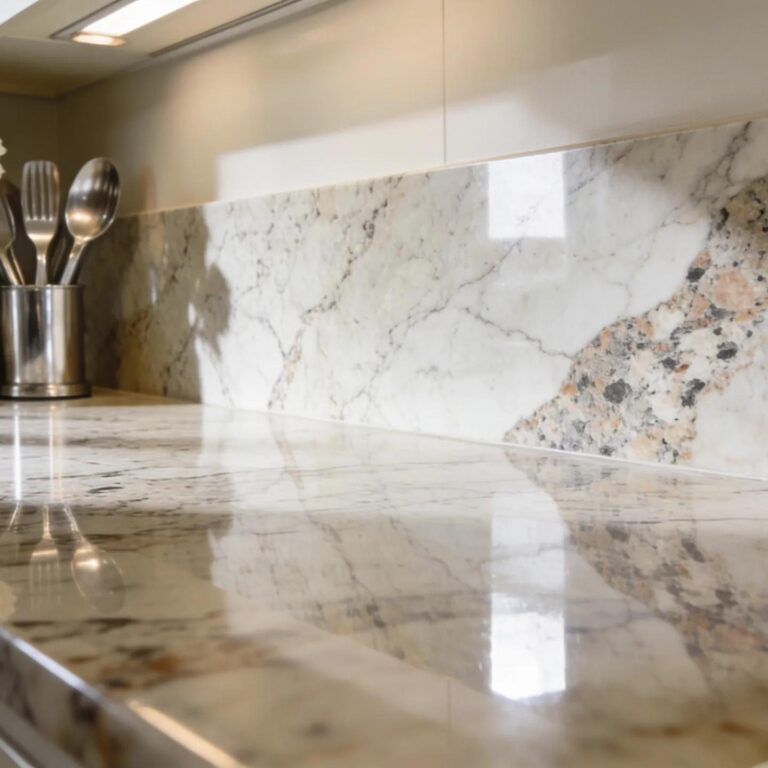 Restored natural stone countertop in a modern kitchen, highlighting the beauty of polished marble and granite