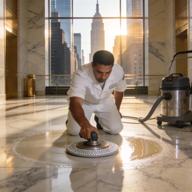 Expert marble polishing in a Manhattan high-rise lobby showcasing luxury stone restoration